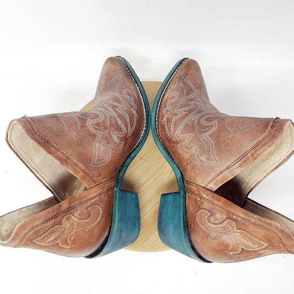 Circle G Boot Women 7 LD Cognac Brown Leather Turquoise Blue Western Cowboy Shoe - Picture 11 of 14